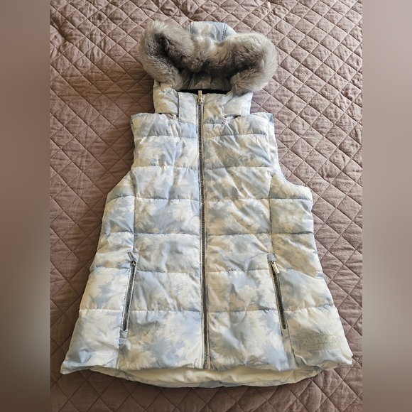 Calvin Klein Performance Puffer Quilted Blue Sky Tie Die Faux Fur Hood Vest Sz M - Picture 2 of 9